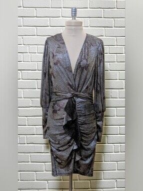 ba&sh Silver-Gray Bodyco Twist  Long Bishop Sleeve V-Neck Dress - Size Medium